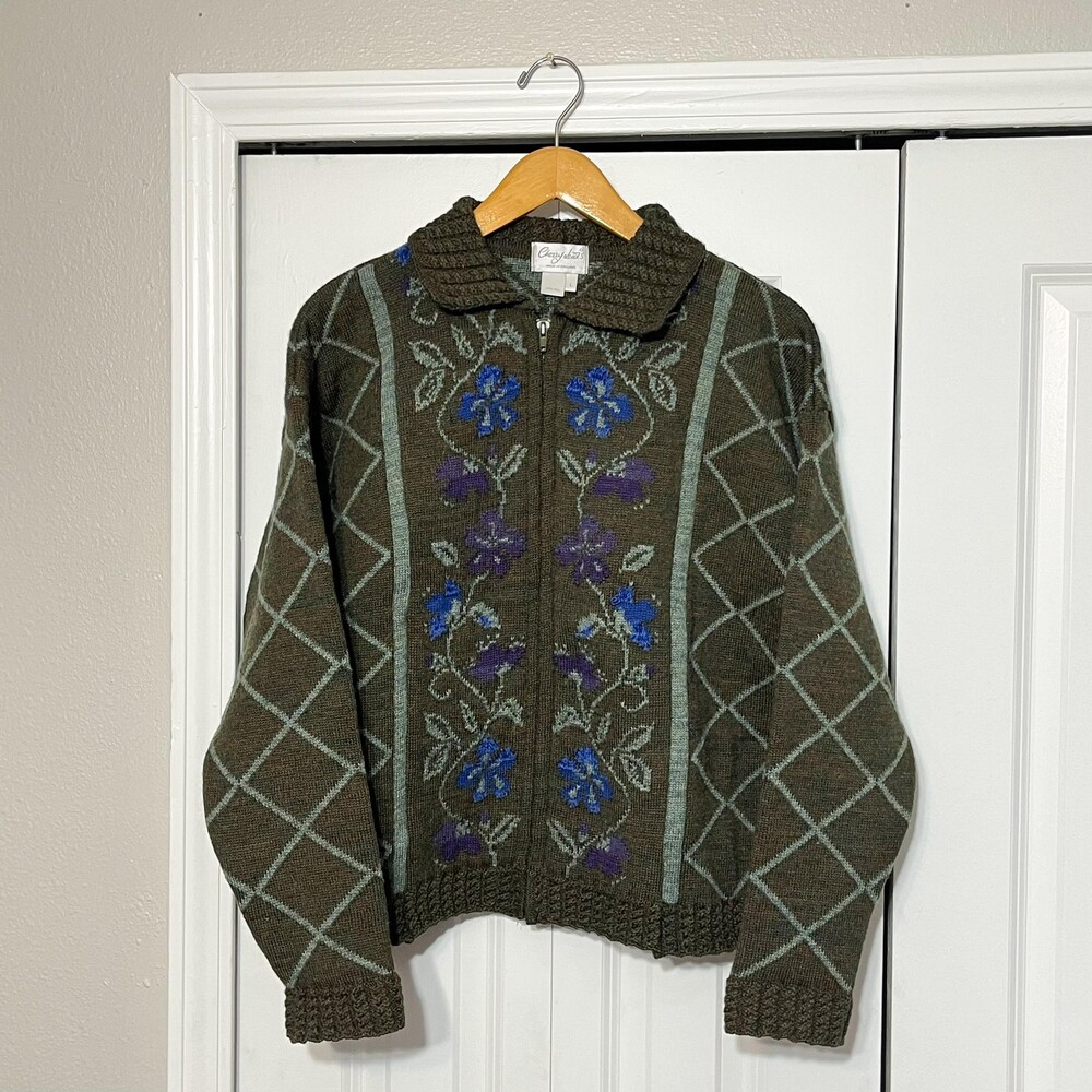 Cherry Lewis England Cardigan Sweater Womens Large Wool Floral Zip Vintage